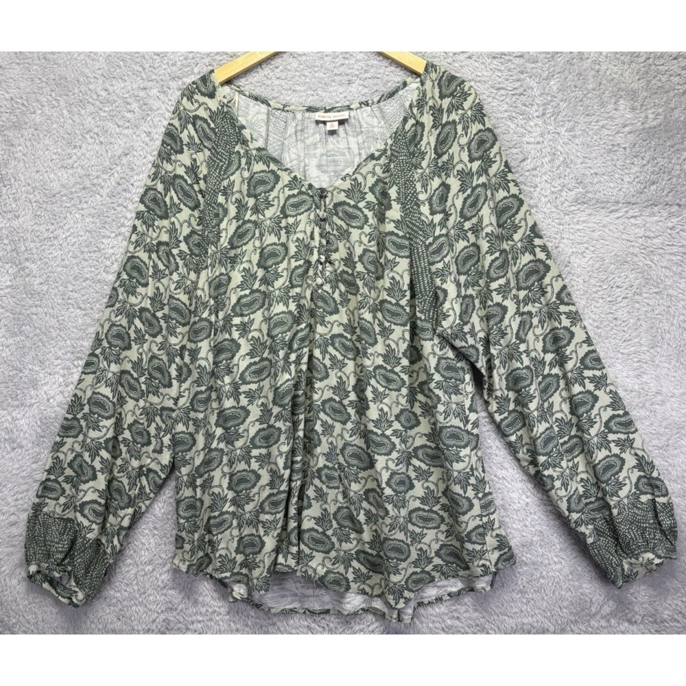 Knox Rose Women Tunic Top  XXL Green Floral Long Slv V-Neck Popover Boho Peasant - Picture 2 of 12